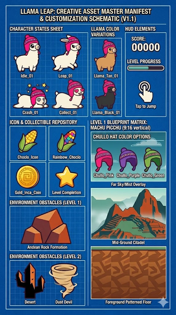 Llama Leap customization schematic v1.1 — llama color variants and chullo hat color options
