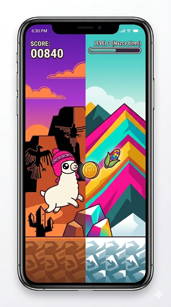 Llama Leap gameplay on phone — Level 3, Nazca Lines